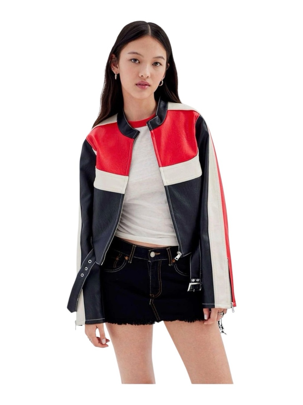 Urban Outfitters Colorblock Faux Leather Moto Jacket - Red/Black/White Sz M